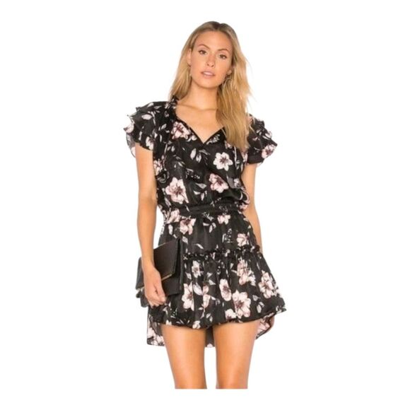 MISA Los‎ Angeles Cecile Smocked ruffle Mini Dress in Black Floral Size S - Picture 1 of 16